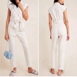 Anthropologie Eliza‎ Utility Belted Jumpsuit Cream Collared Wrap Utilitarian 14